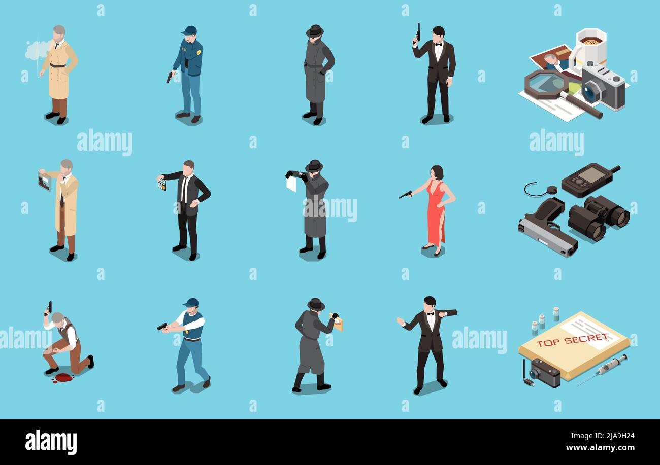 Detective Spion Special Agent isometrisches Set mit männlichen und weiblichen menschlichen Charakteren Waffen und Ausrüstung für die Überwachung isoliert auf blauem Hintergrund 3D Stock Vektor