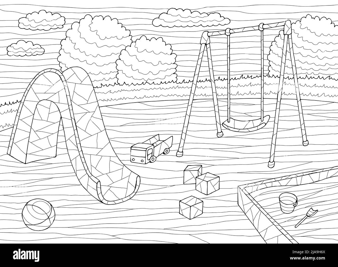 Spielplatz Färbung Grafik schwarz weiß Landschaft Skizze Illustration Vektor Stock Vektor