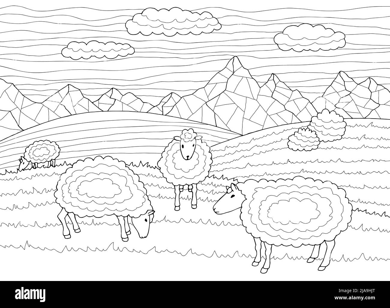 Schafe Färbung Fütterung Gras in einer Wiese in den Bergen Grafik schwarz weiß Skizze Illustration Vektor Stock Vektor