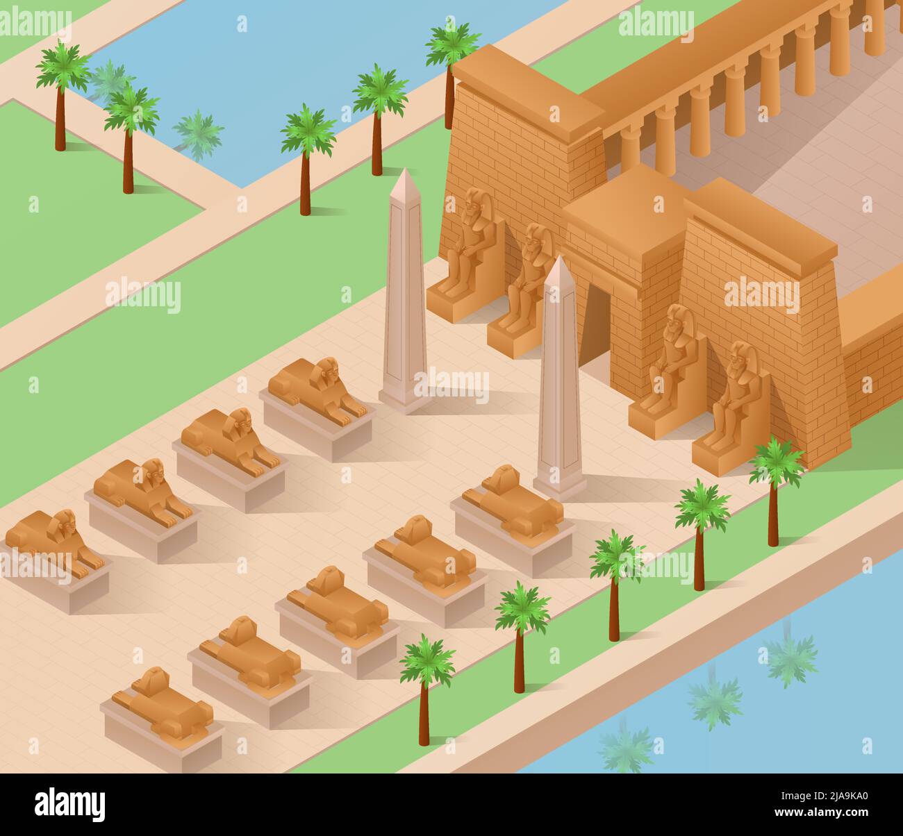 Kulturelle Symbole der alten ägyptischen Architektur isometrischen Hintergrund mit Sphinx und pharao Vektor-Illustration Stock Vektor