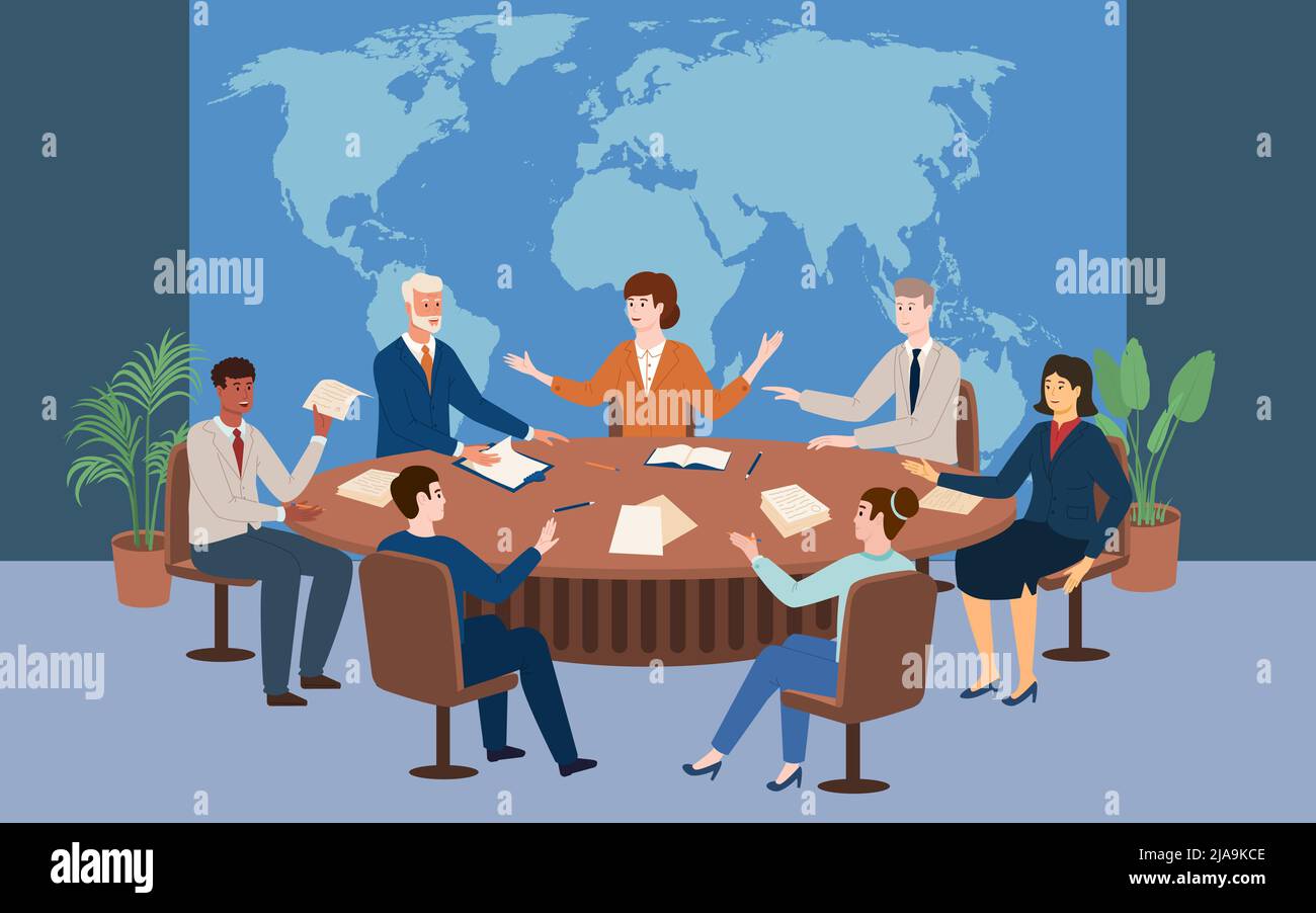 Politiker treffen sich am runden Tisch im Hintergrund mit Weltkarte flache Vektor-Illustration Stock Vektor