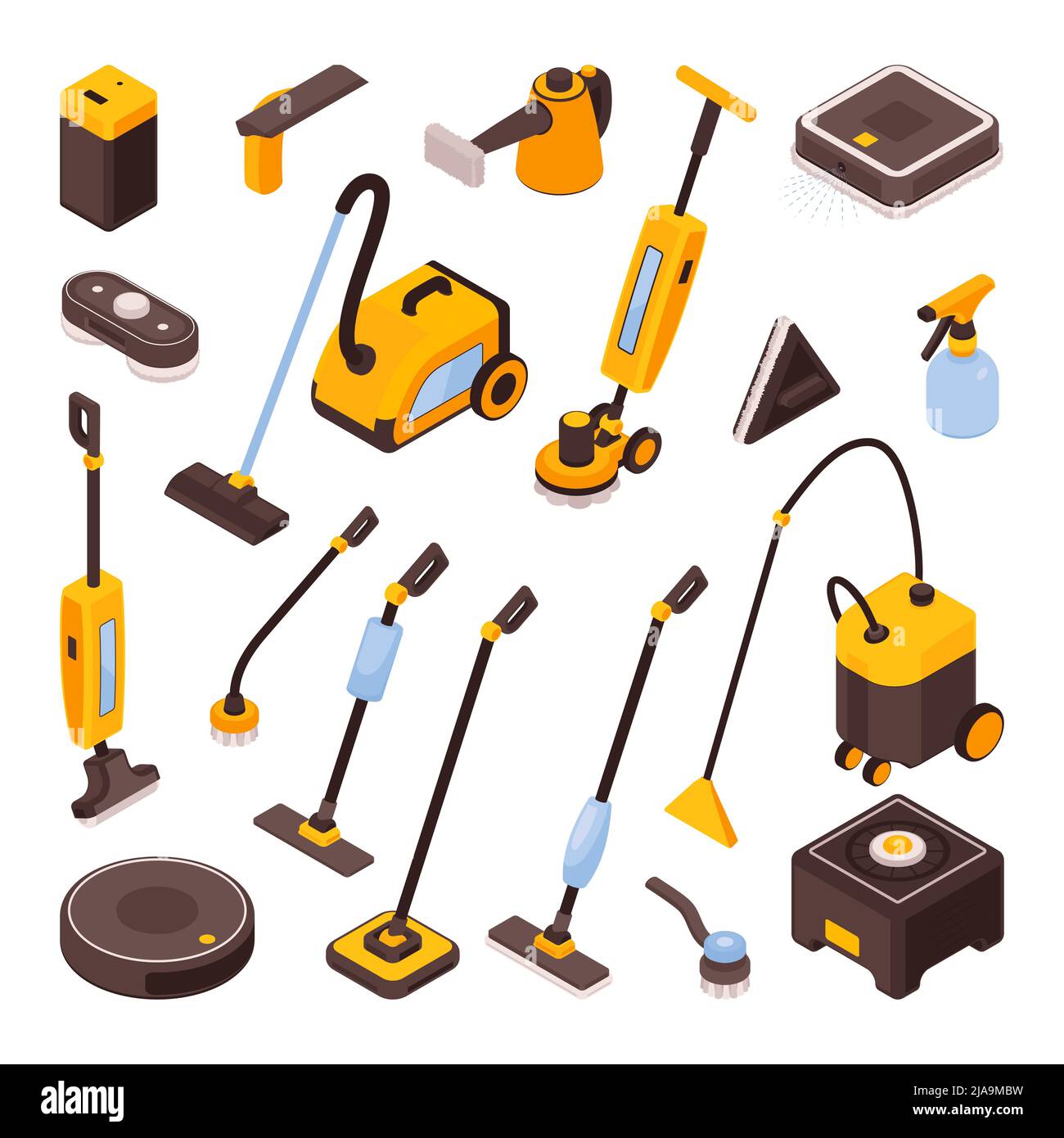 Isometrischer Satz verschiedener Reinigungsgeräte mit Mops und Roboterstaubsaugern isoliert auf weißem Hintergrund 3D Vektorgrafik Stock Vektor