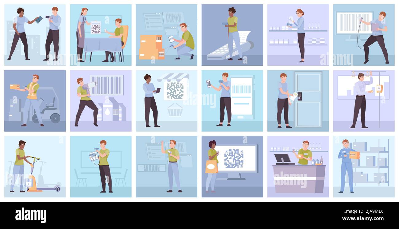 Menschen scannen Codes während der Arbeit Kauf von Produkten und mit Dienstleistungen flache Zusammensetzung Satz isolierte Vektor-Illustration Stock Vektor
