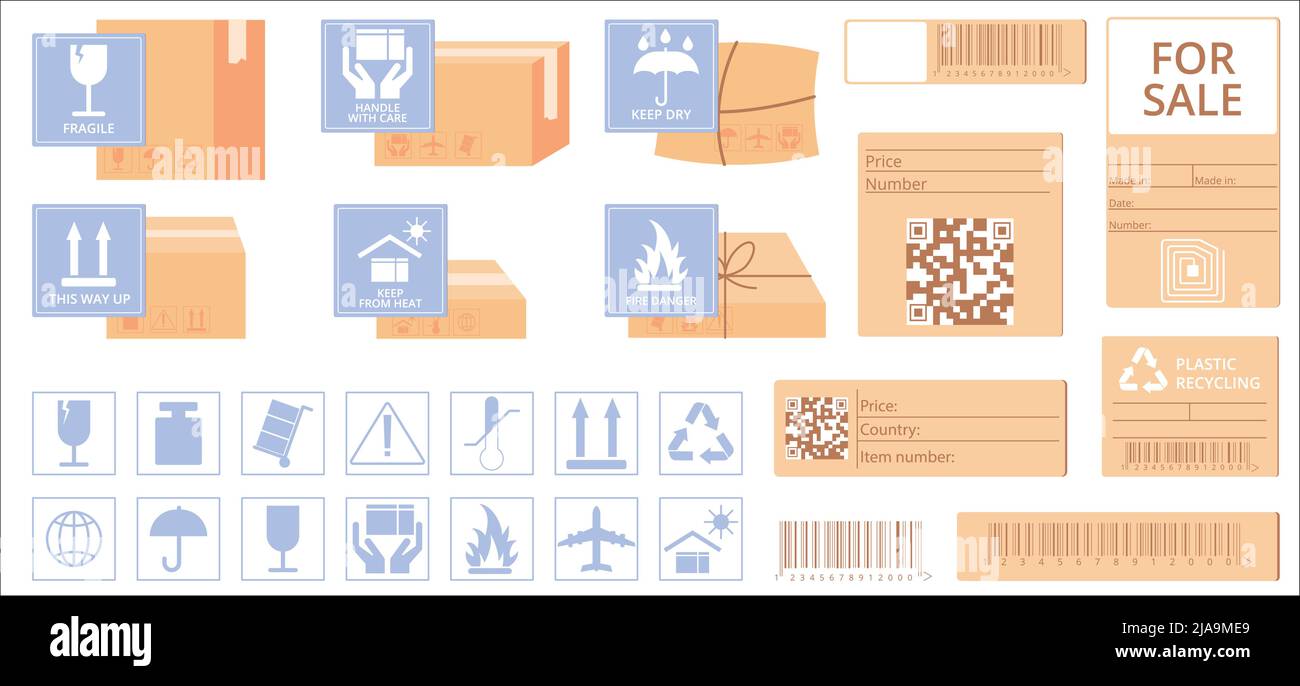 Flache Frachtaufkleber Set mit rfid qr-Barcodes und Kartons isoliert auf weißem Hintergrund Vektorgrafik Stock Vektor
