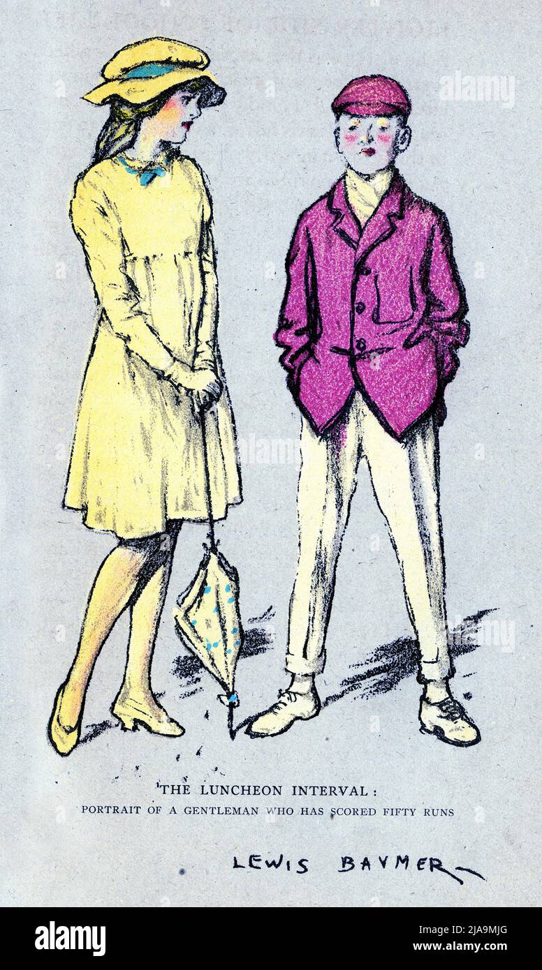 Pastellportrait mit dem Titel The Luncheon Interval, mit einem Schulmädchen, das einen Jungen bewundert, der 50 Läufe bei Cricket macht, von der leichteren Seite des Schullebens von Ian Hay (Foulis, 1914), illustriert von Lewis Baumer Stockfoto