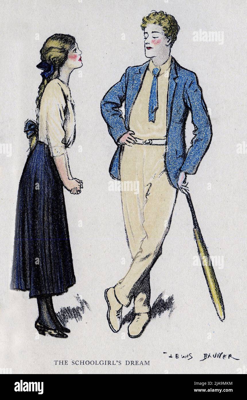 Pastell-Porträt mit dem Titel The Schoolgirl's Dream, mit einer jungen Frau, die ein erfolgreiches Mitglied der Cricket-Mannschaft bewundert, von der leichteren Seite des Schullebens von Ian Hay (Foulis, 1914), illustriert von Lewis Baumer Stockfoto
