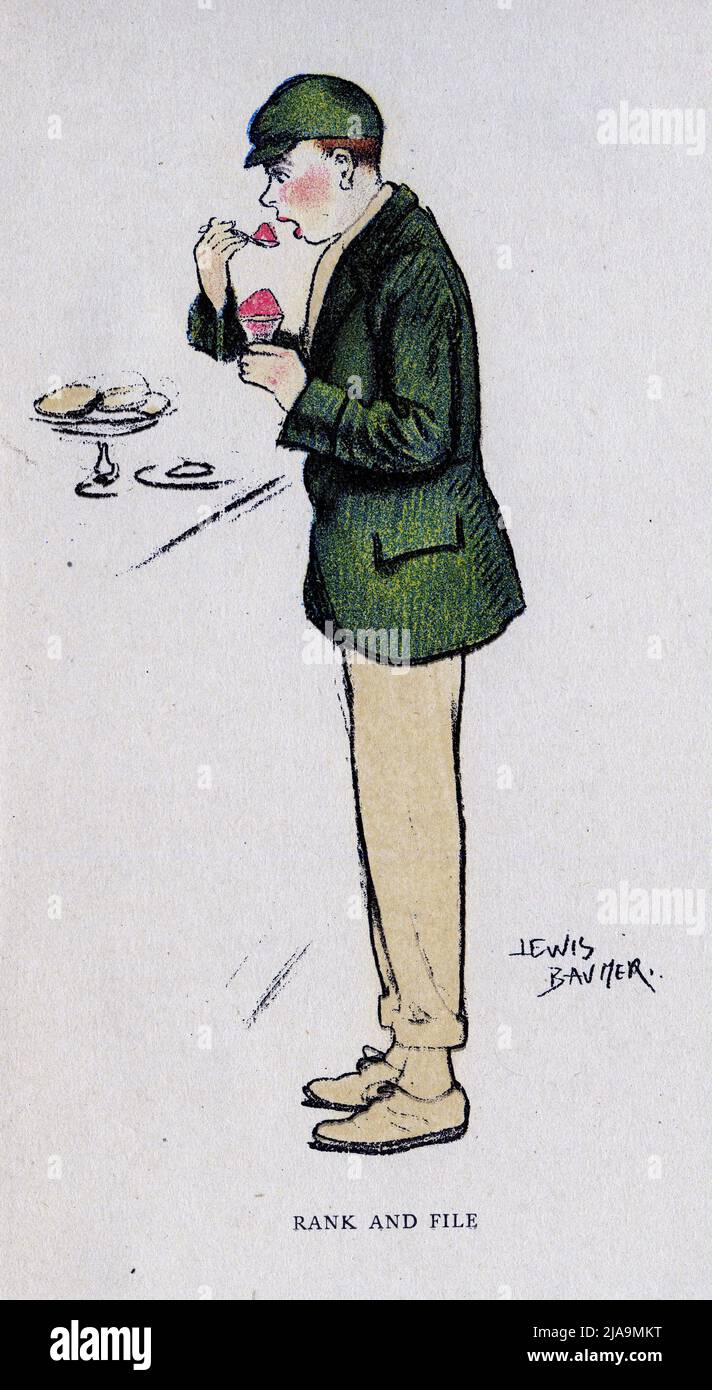Pastellportrait mit dem Titel Rand and File, mit einem typischen Schuljungen, der süße Desserts isst, von der leichteren Seite des Schullebens von Ian Hay (Foulis, 1914), illustriert von Lewis Baumer Stockfoto