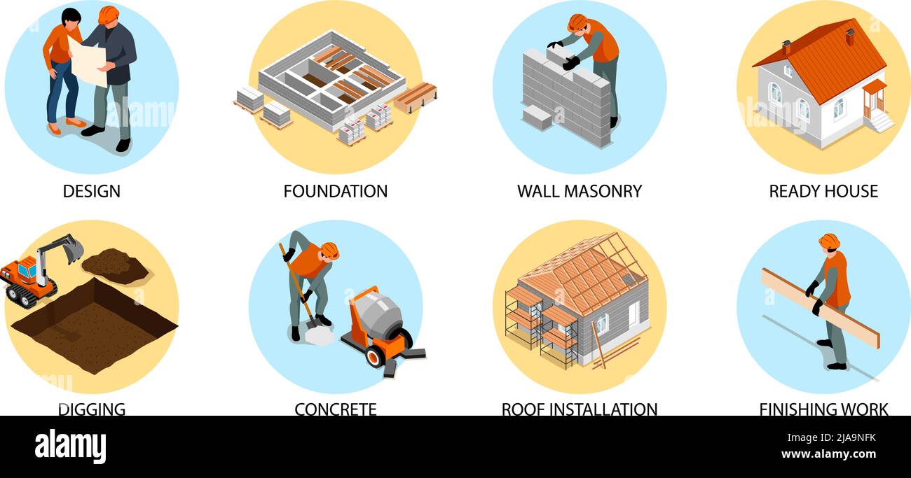 Haus Konstruktion runde Zusammensetzung mit Wand Mauerwerk Symbole isometrische isoliert Vektor-Illustration Stock Vektor