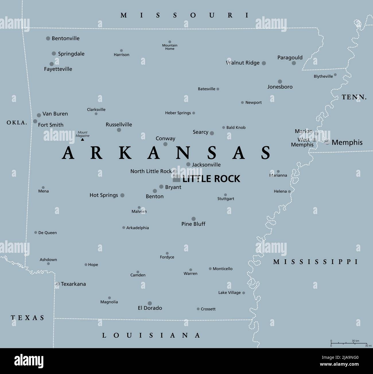 Arkansas, AR, graue politische Karte, mit der Hauptstadt Little Rock und großen, wichtigen Städten. Binnenstaat im Süden der Vereinigten Staaten. Stockfoto