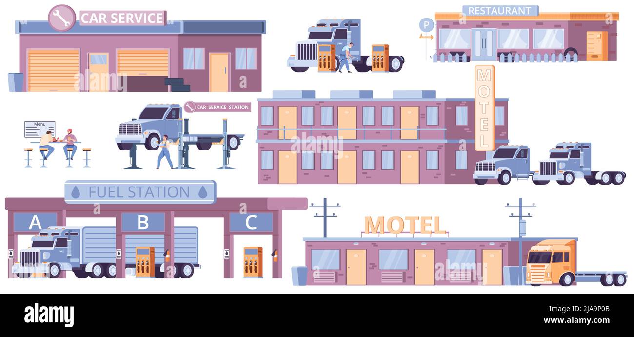 Truck Cargo Stop Set mit Motel und Tankstellen Symbole flach isoliert Vektor-Illustration Stock Vektor