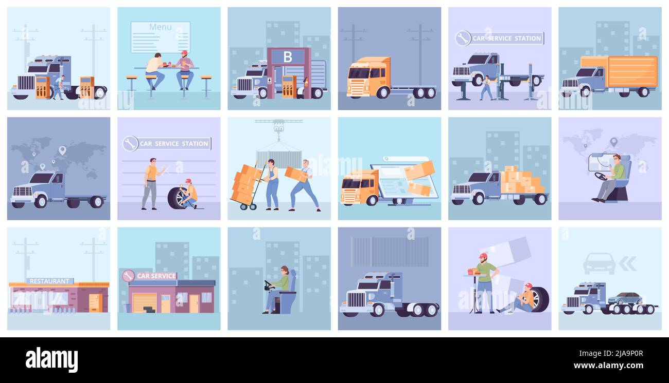 LKW Fracht Lieferung quadratischen Satz mit Service-und Route-Symbole flach isoliert Vektor-Illustration Stock Vektor