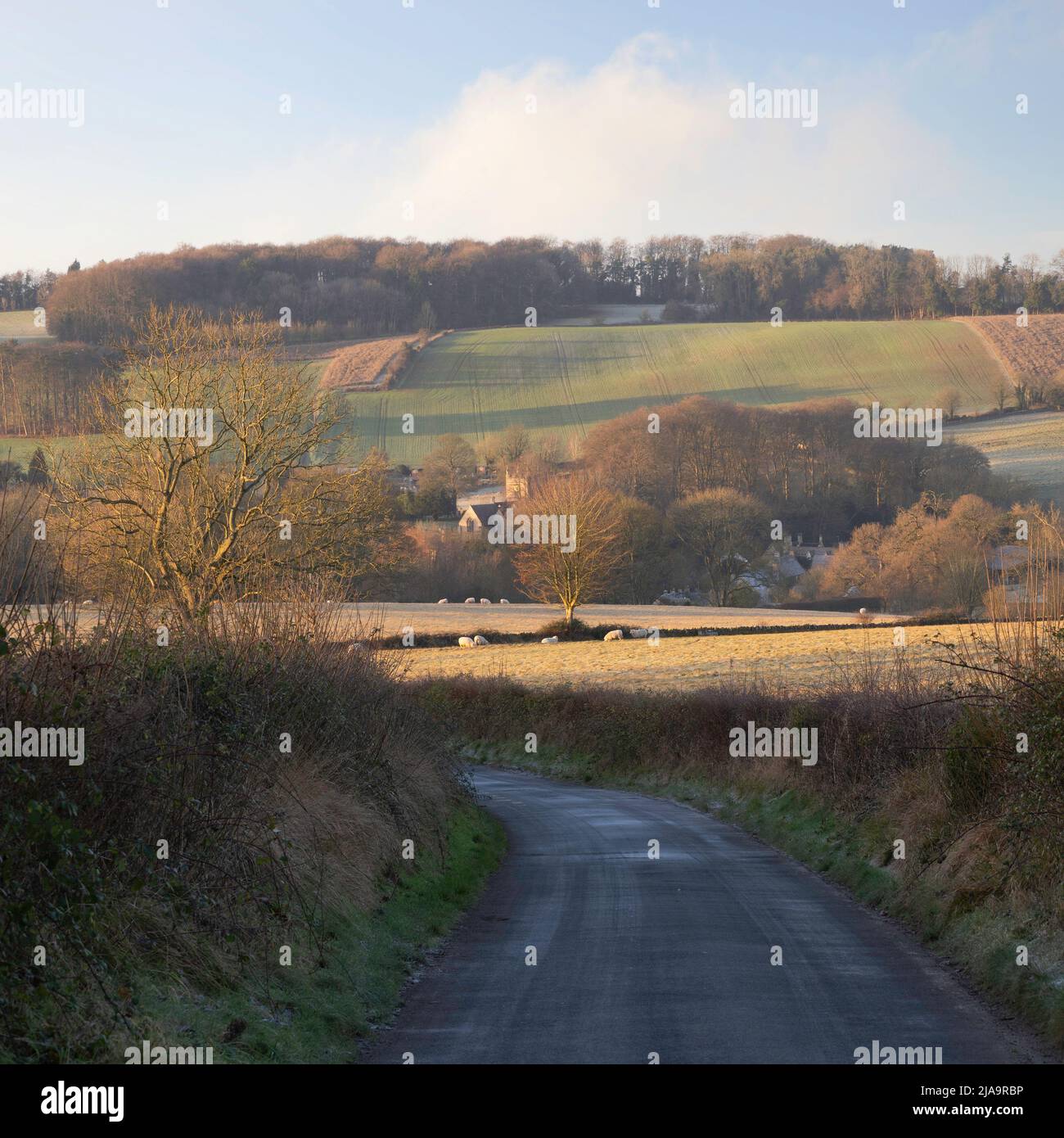 Blick in Richtung Upper Slaughter im Winter, Cotswolds, Gloucestershire, England. Stockfoto