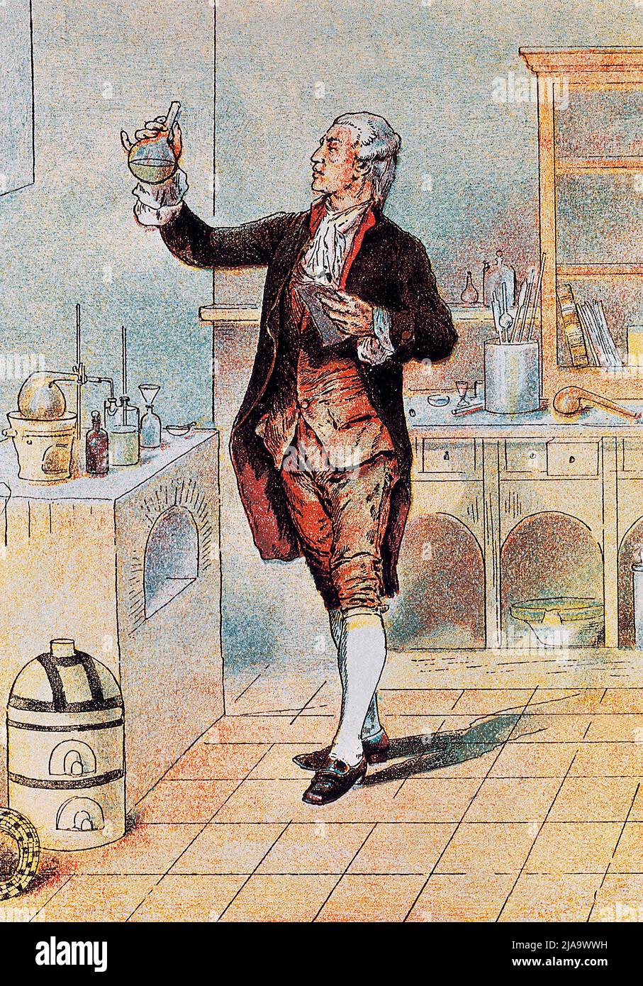 Antoine Laurent Lavoisier (1743-1794), chimiste francais, dans son laboratoire avec une fiole de mercure. Stockfoto