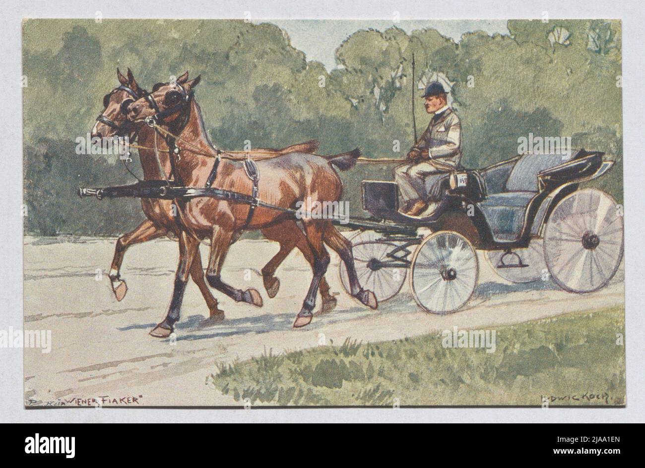 Postkarte „Wiener Fiaker“. Brothers Kohn KG (B. K. W. I.), Verlag, nach: Ludwig Koch (1866-1934), Künstler Stockfoto