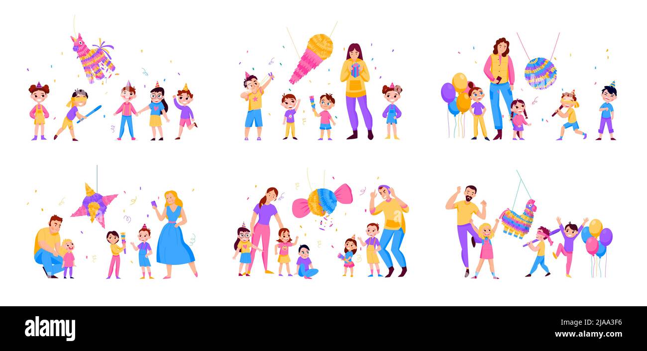 Mexikanische Pinatas Farbe Ikone Set Kinder und ihre Eltern schlagen eine Pinata für Geburtstage und andere Feiertage Vektor-Illustration Stock Vektor