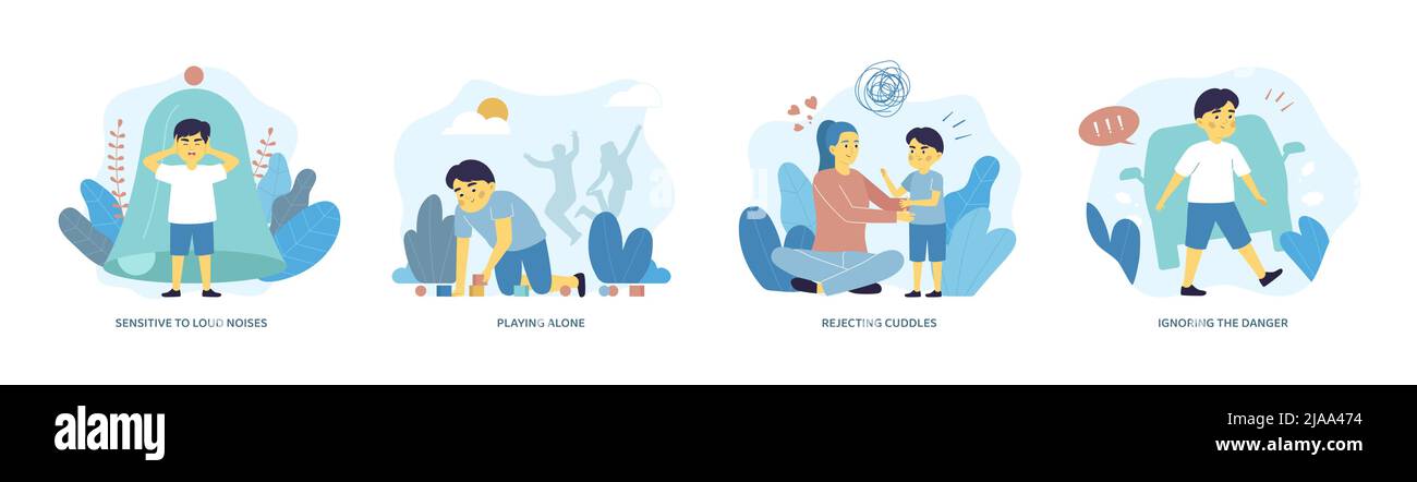 Flache Kompositionen mit Autismus, die mit Kindern aufgestellt wurden, die Anzeichen einer autistischen Spektrumsstörung zeigen, die allein spielen und die Gefahr ignorieren, die auf den lärmisolierten Vektor i empfindlich ist Stock Vektor