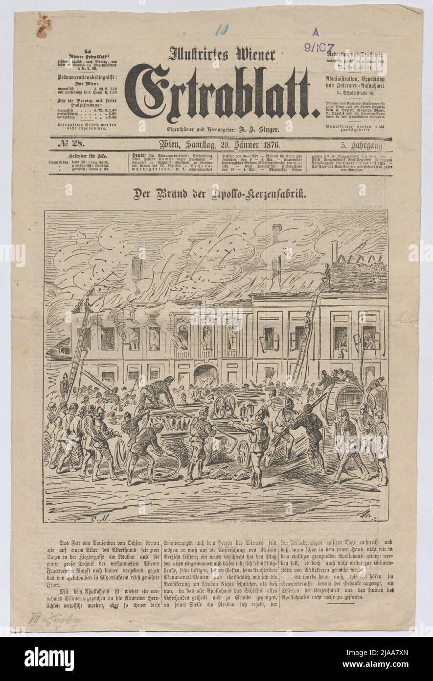 Seite 1 des 'illustrierten Wiener Extrabatt', 5., Nr. 28 vom 29. Januar 1876 mit der Illustration 'das Feuer der Apollo-Kerzenlichtfabrik'. Unbekannt Stockfoto