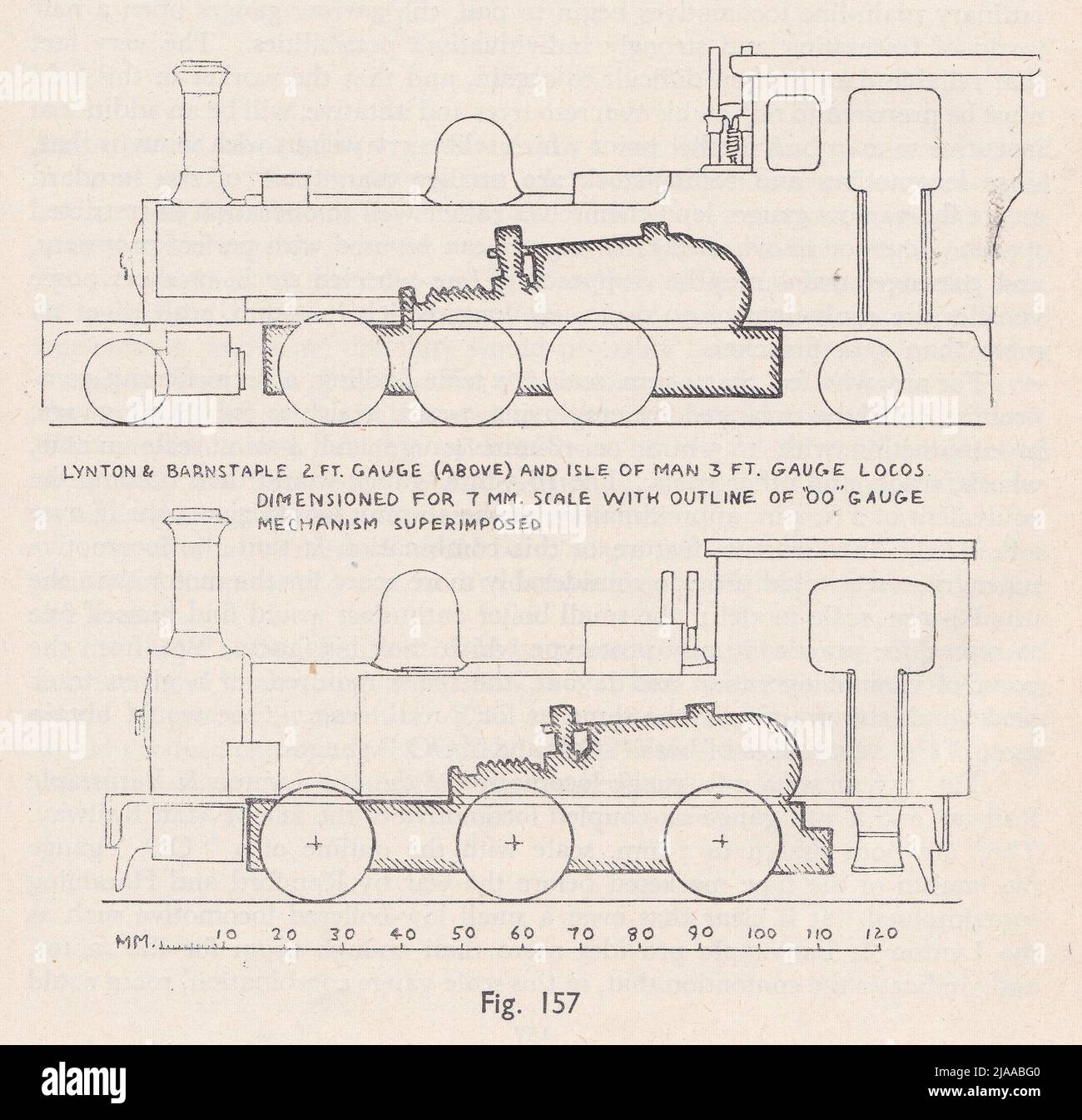 Vintage-Diagramm der Miniatur-Lokomotivkonstruktion Stockfoto