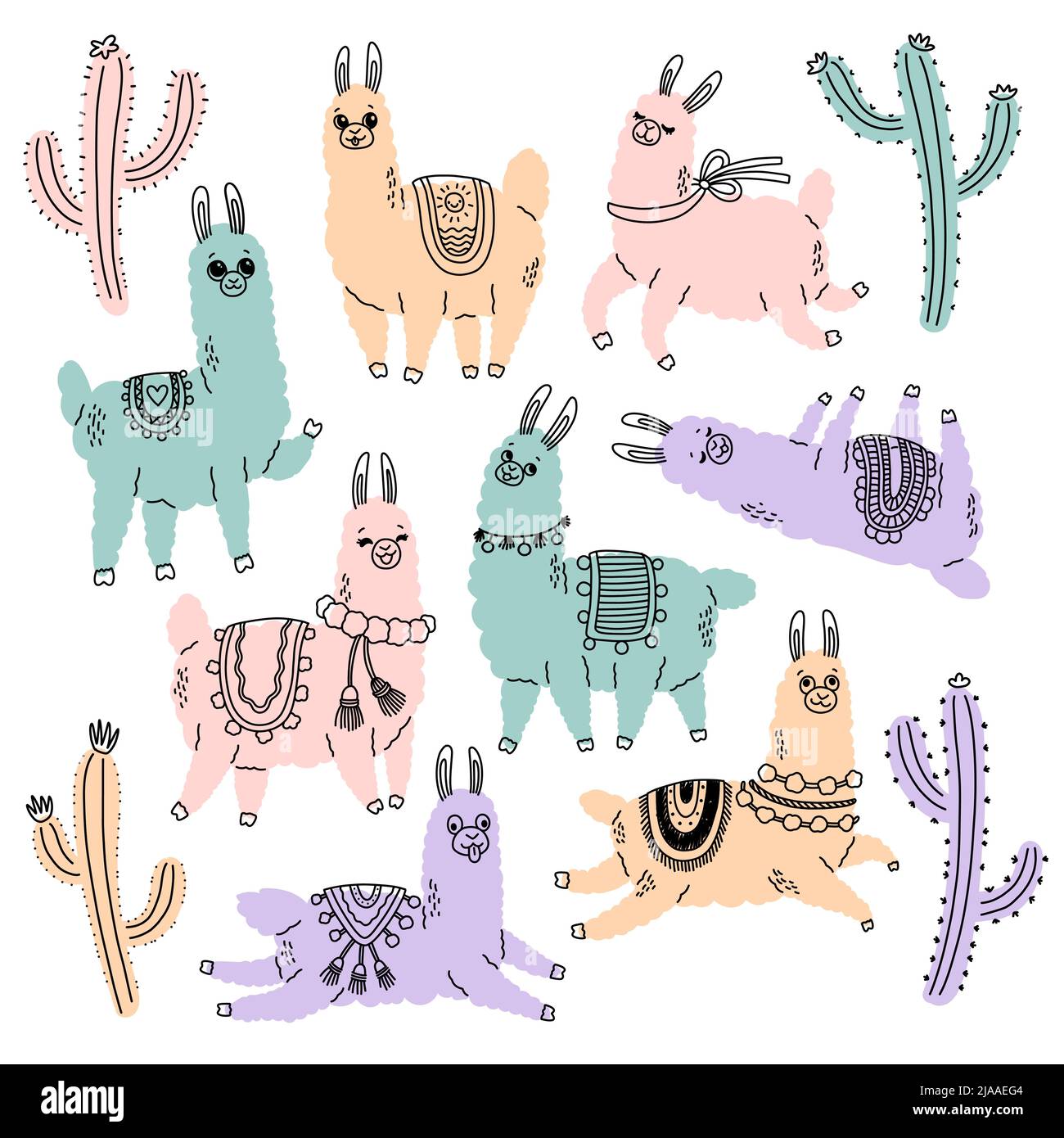 Lama und Kaktus Farbe Doodle Vektor Illustration Stock Vektor