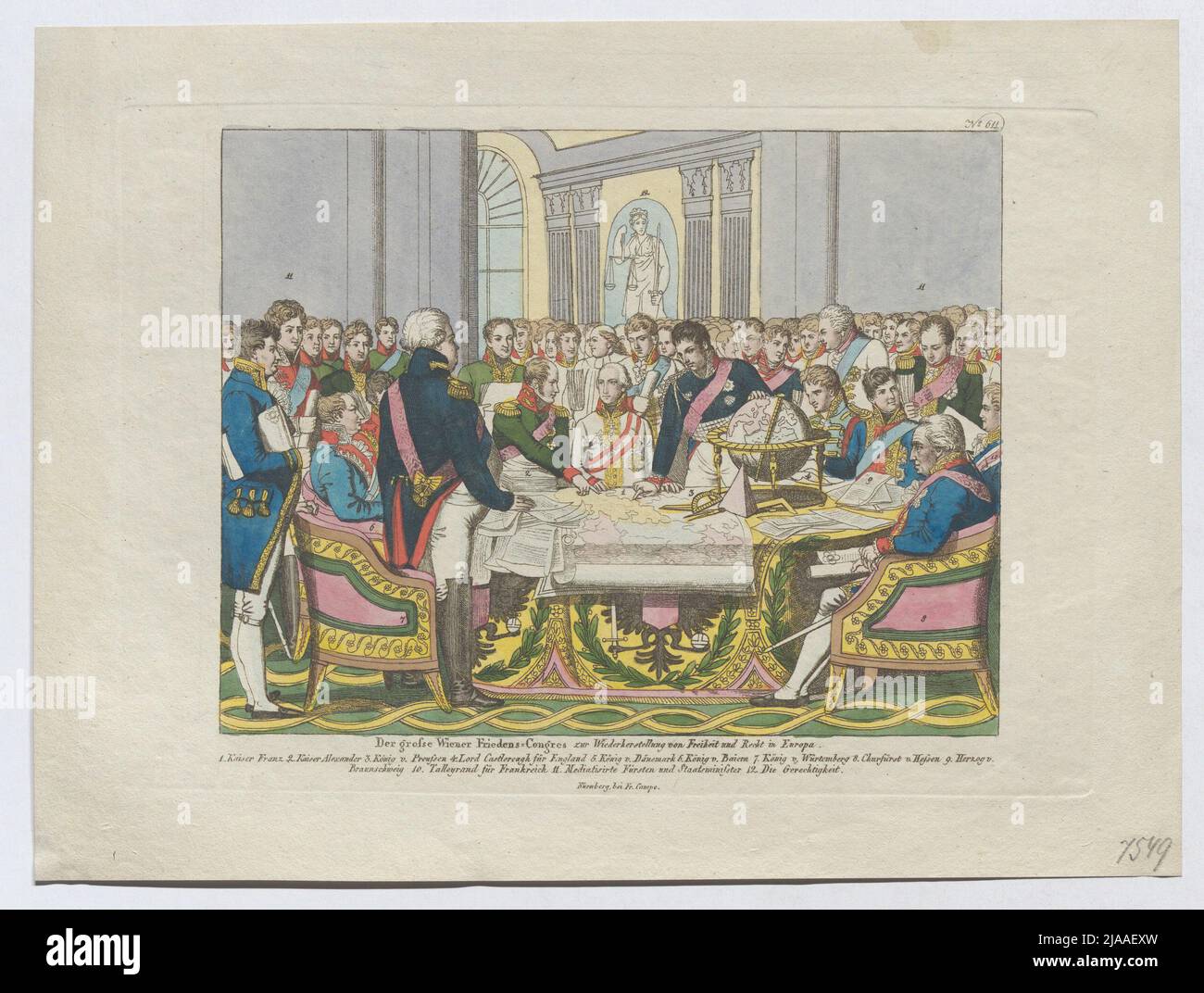 „Der große Wiener Frieden = Conges zur Wiederherstellung von Freiheit und Recht in Europa.“ Sitzung des Wiener Kongresses 1814/15. Friedrich Campe (1777-1846), Verlag Stockfoto