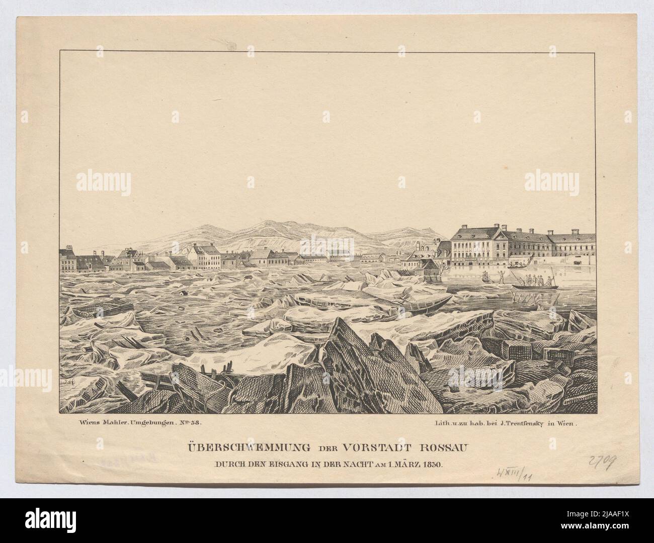 'Flut im Vorort Rossau / durch die Eisausrüstung in der Nacht vom 1. März 1830.'. Matthäus Trentsensky (1790-1868), Verleger Stockfoto