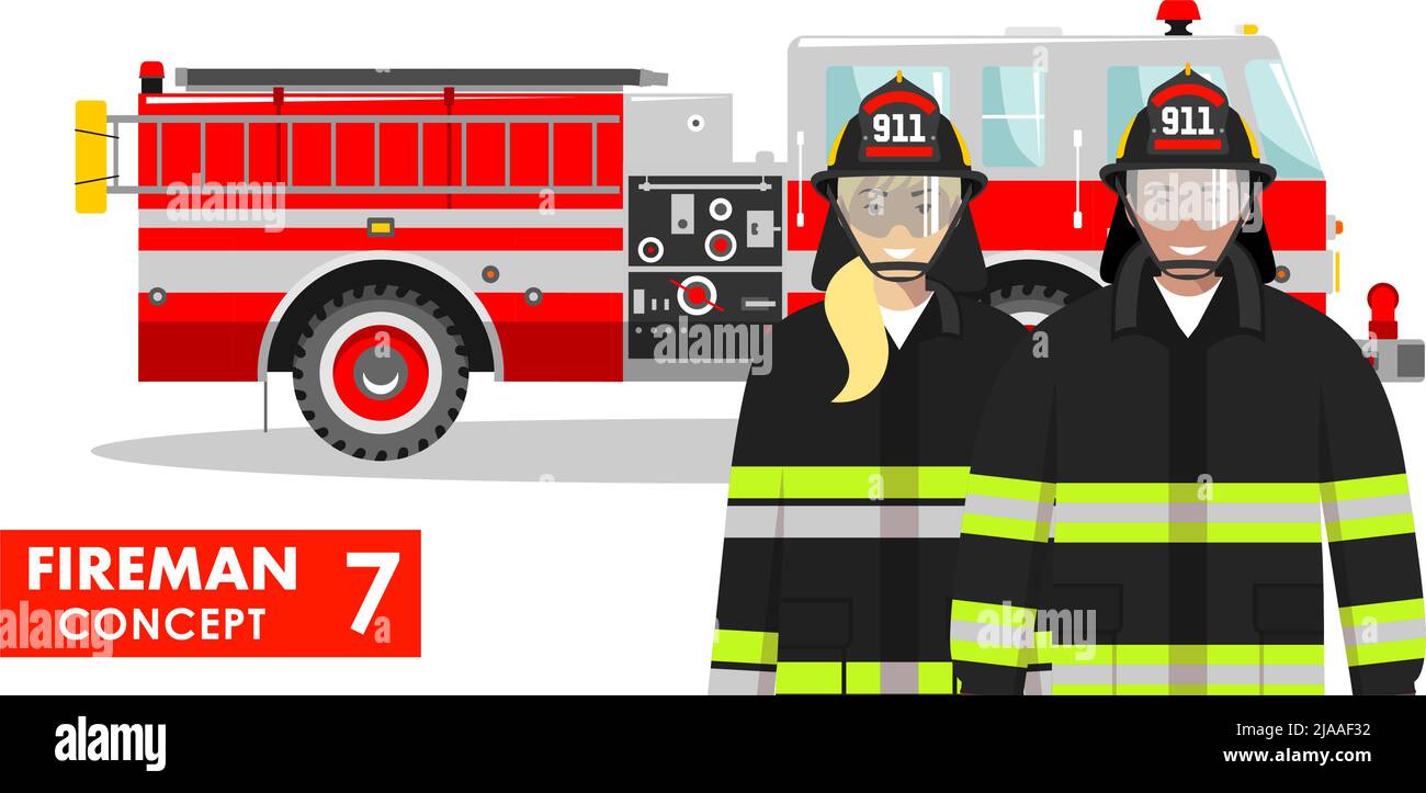 Ein paar Feuerwehrmänner und Feuerwehrmänner in Uniform stehen zusammen auf dem Hintergrund mit einem Feuerwehrwagen in flachem Stil auf weißem Hintergrund. Stock Vektor