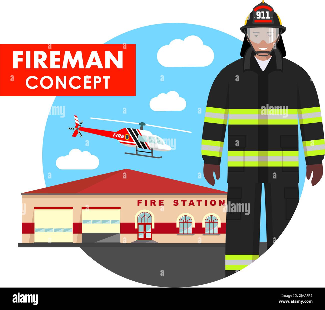Detaillierte Darstellung von Feuerwehrmann in Uniform auf Hintergrund mit Feuerwehrhaus und Hubschrauber in flachem Stil. Vektorgrafik. Stock Vektor