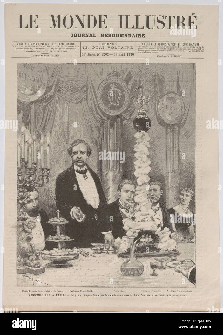 NORDENSKIOLD in Paris. - Das große Bankett der skandinavischen Kolonie im kontinentalen Hotel. '. Fetsmahl der skandinavischen Kolonie in Paris zu Ehren von Adolf Erik Nordenskiöld im Hotel Continental (aus' Le Monde Illustré. Wochenzeitung“). Adrien Emmanuel Marie (1848 – 1891), Künstler Stockfoto