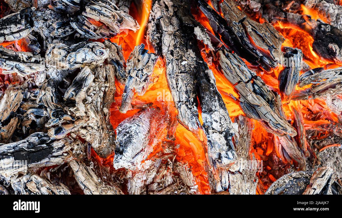 Brennender Holzkohlegrill. Schwelende Kohlen im Lagerfeuer. Stockfoto