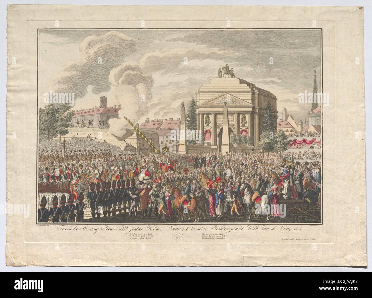 'Feierlicher Einzug seiner Majestät Franz I. in seine Residenzstadt Wien ...'. Aufgenommen von Kaiser Franz I. in Wien am 16. Juni 1814. J. langer, Kupferstecher, nach: Johann Josef Schindler (1777-1836), Schublade Stockfoto