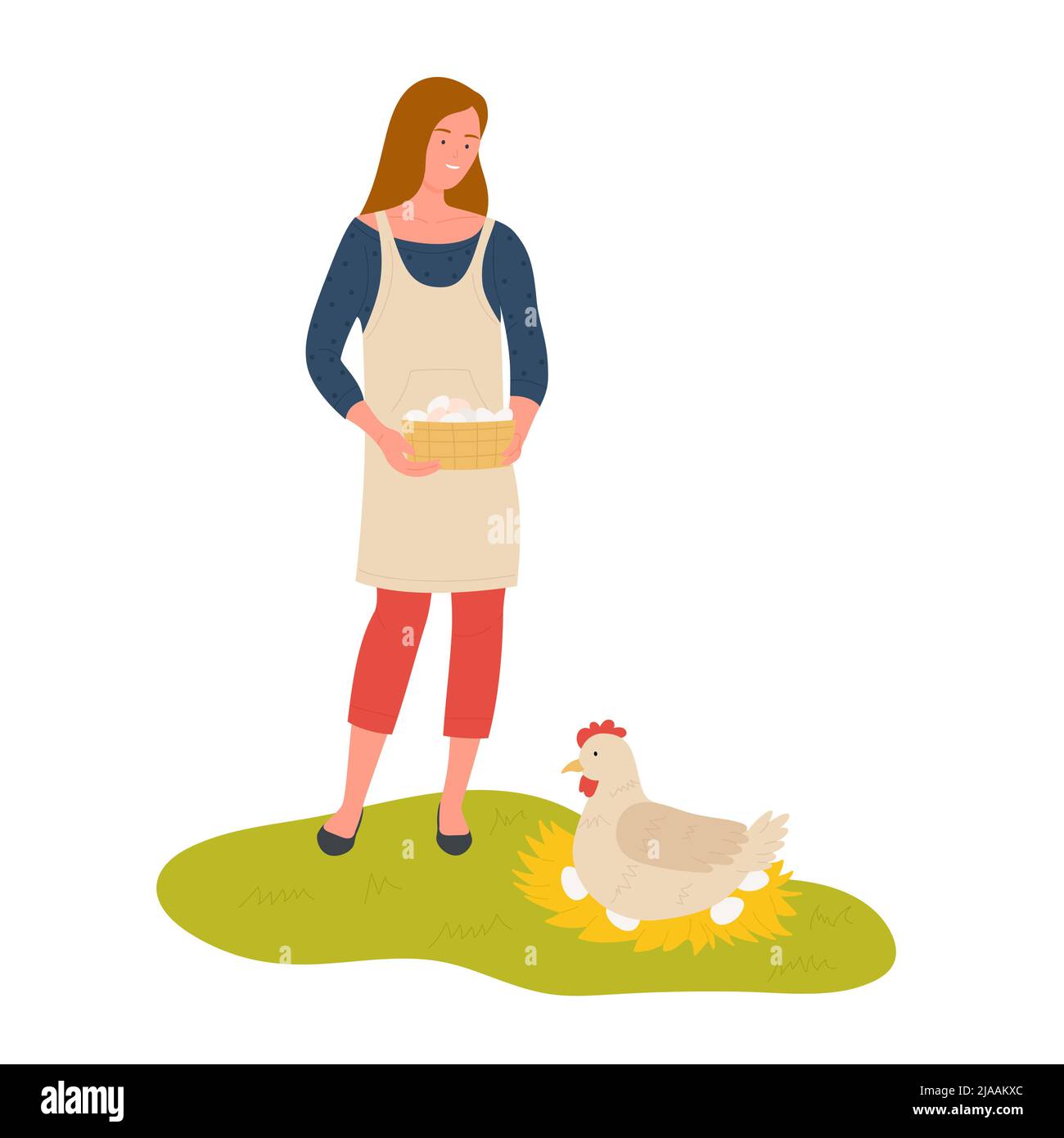 Eine Bäuerin hält einen Korb voller Eier. Geflügel und Vieh ökologische Landwirtschaft Geschäft Cartoon Vektor Illustration Stock Vektor
