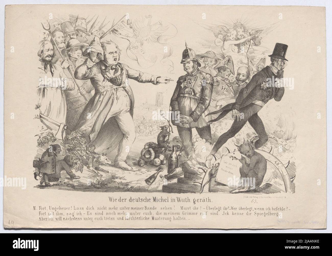 „Wie der deutsche Michel im Wuth-Gerät.“ (Karikatur zur Revolution von 1848, unter dem Metternich, Friedrich Hecker, Ludwig I. von Bayern und Lola Montez). Eduard Gustav May (1818-1907), Verleger Stockfoto