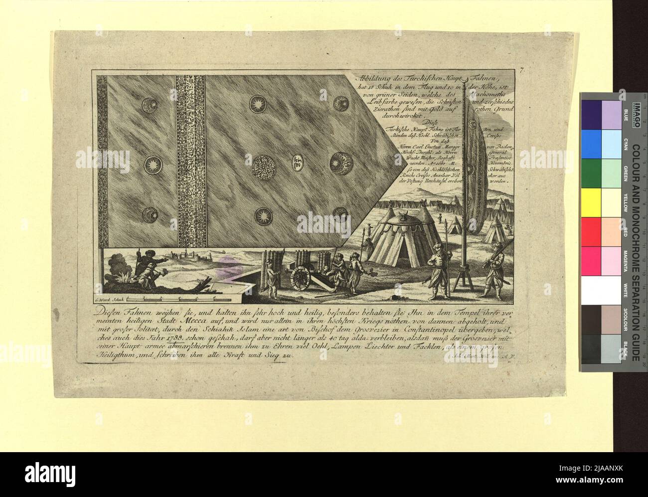 Osmanische Flagge, erobert im November 1685 von der Festung Neuhäufel. Johann Martin Will (1727-1806), Kupferstecher Stockfoto