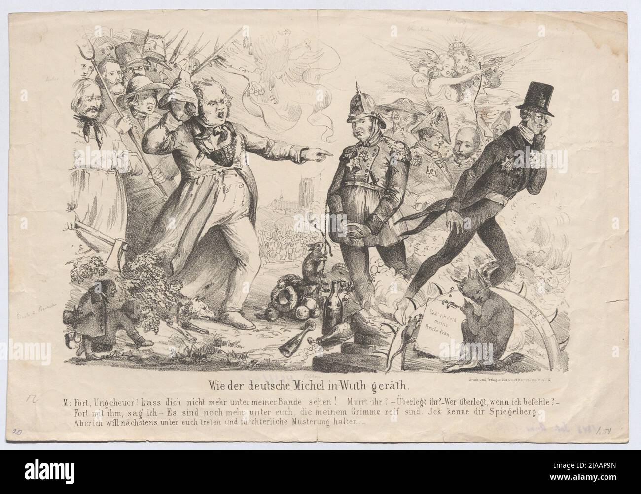 „Wie der deutsche Michel im Wuth-Gerät.“ (Karikatur zur Revolution von 1848, unter dem Metternich, Friedrich Hecker, Ludwig I. von Bayern und Lola Montez). Eduard Gustav May (1818-1907), Verleger Stockfoto