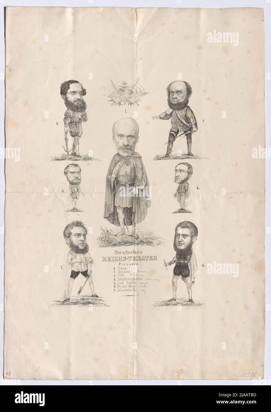 Deutsches / Reichs-Theater (Karikatur zu Erzherzog Johann und den Abgeordneten der Frankfurter Nationalversammlung oder Mitgliedern der provisorischen Reichsregierung 1848, Alexander von Soiron, August Heinrich Simon, Anton Schmerling, August Christoph Carl Vogt, Georg von Vinke und Franz Heinrich Zitz). Gerhard Malß (1819-1885), Lithographie Stockfoto