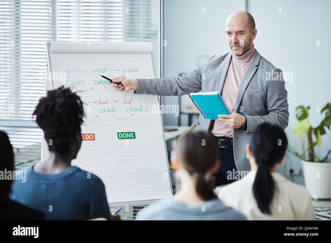 Porträt eines reifen Mannes, der Englischunterricht in Büroumgebung für eine Gruppe von Menschen gibt und auf Whiteboard zeigt, Platz zum Kopieren Stockfoto