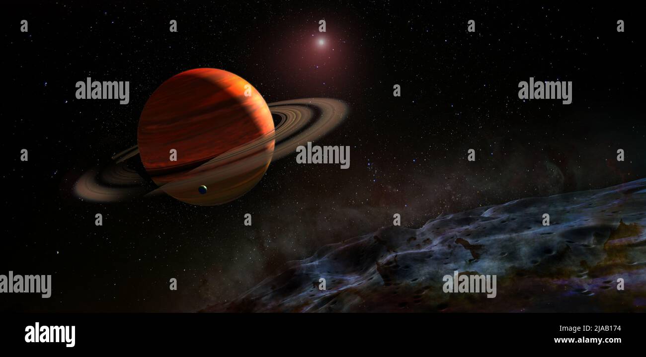 Blick vom Titan-Mond auf den Saturn-Planeten. Elemente dieses Bildes, die von der NASA eingerichtet wurden. Stockfoto Blick vom Titan-Mond auf den Saturn-Planeten. Elemente dieses Bildes, die von der NASA eingerichtet wurden. Stockfoto