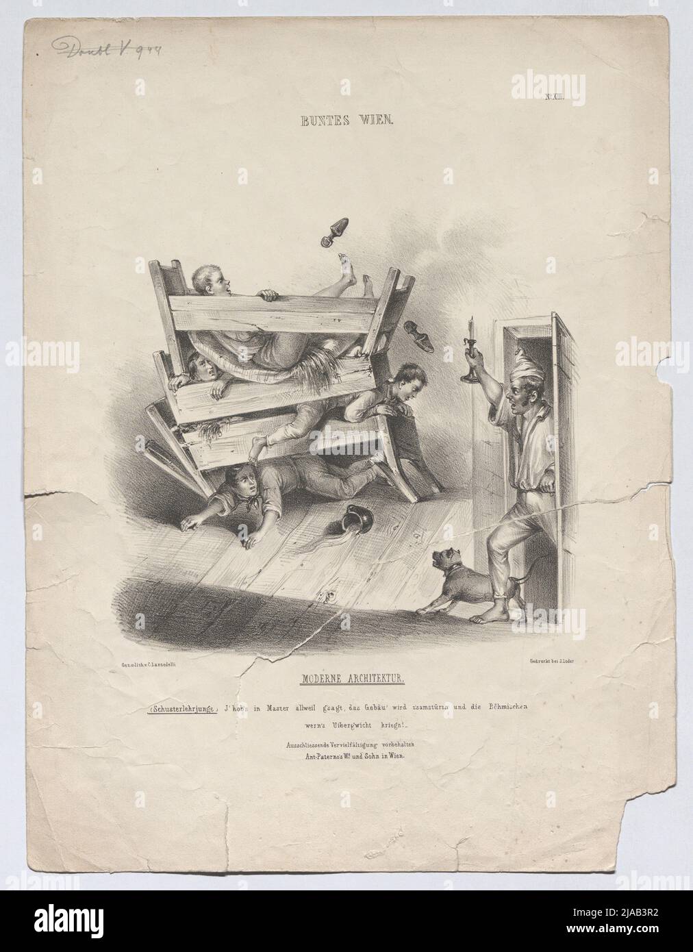 Moderne Architektur. / Ich habe es in Meister Allweil erhoben, das Gebäude ist Z'samstürz'n und die Böhmische / Werns Uiberg'wicht warnen (Karikatur zu den Nationalitätenkonflikten 1848). Karl (Carl) Lanzedelli (Lancedelli) (Lanzedelly) (1815-1865), Lithograph, Jakob Loder, Drucker, Anton Paternos Witwe, Verlag Stockfoto