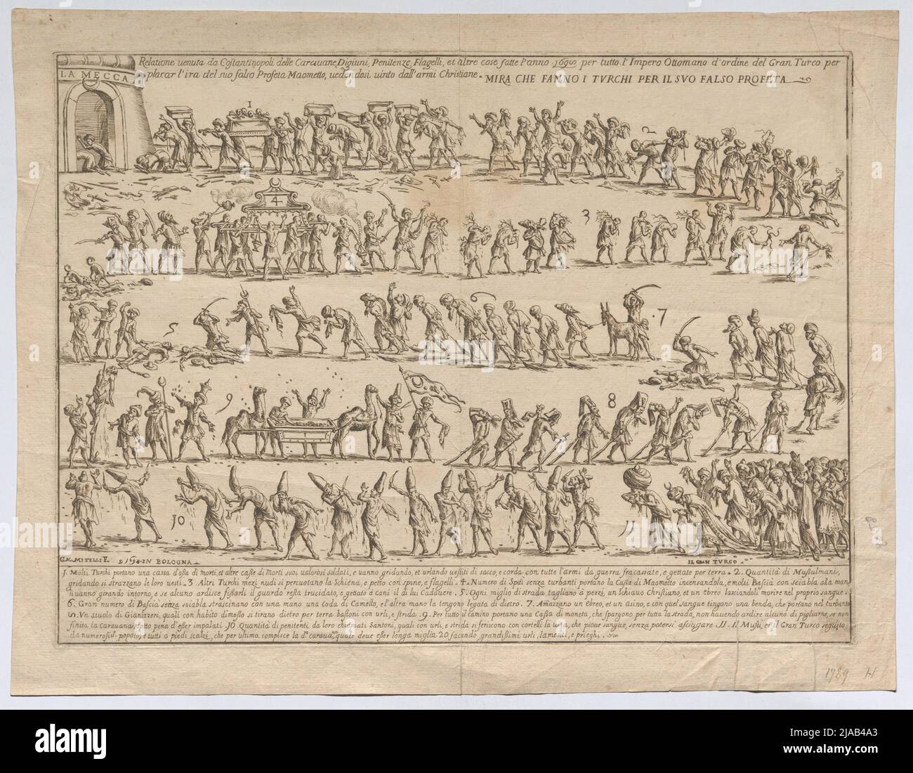 "Die Beziehung kam aus Konstantinopel der Karawanen ... und andere Dinge, die im Jahr 1698 für das gesamte Osmanische Reich getan wurden ... Ziele, die Fernsehgeräte für den falschen Propheten der SVO tun". Trauerzug des 'Gran Turco' und seiner Anhänger von ihm nach Mekka in fünf Reihen. Giuseppe Maria Mitelli (1634-1718), Kupferstecher Stockfoto