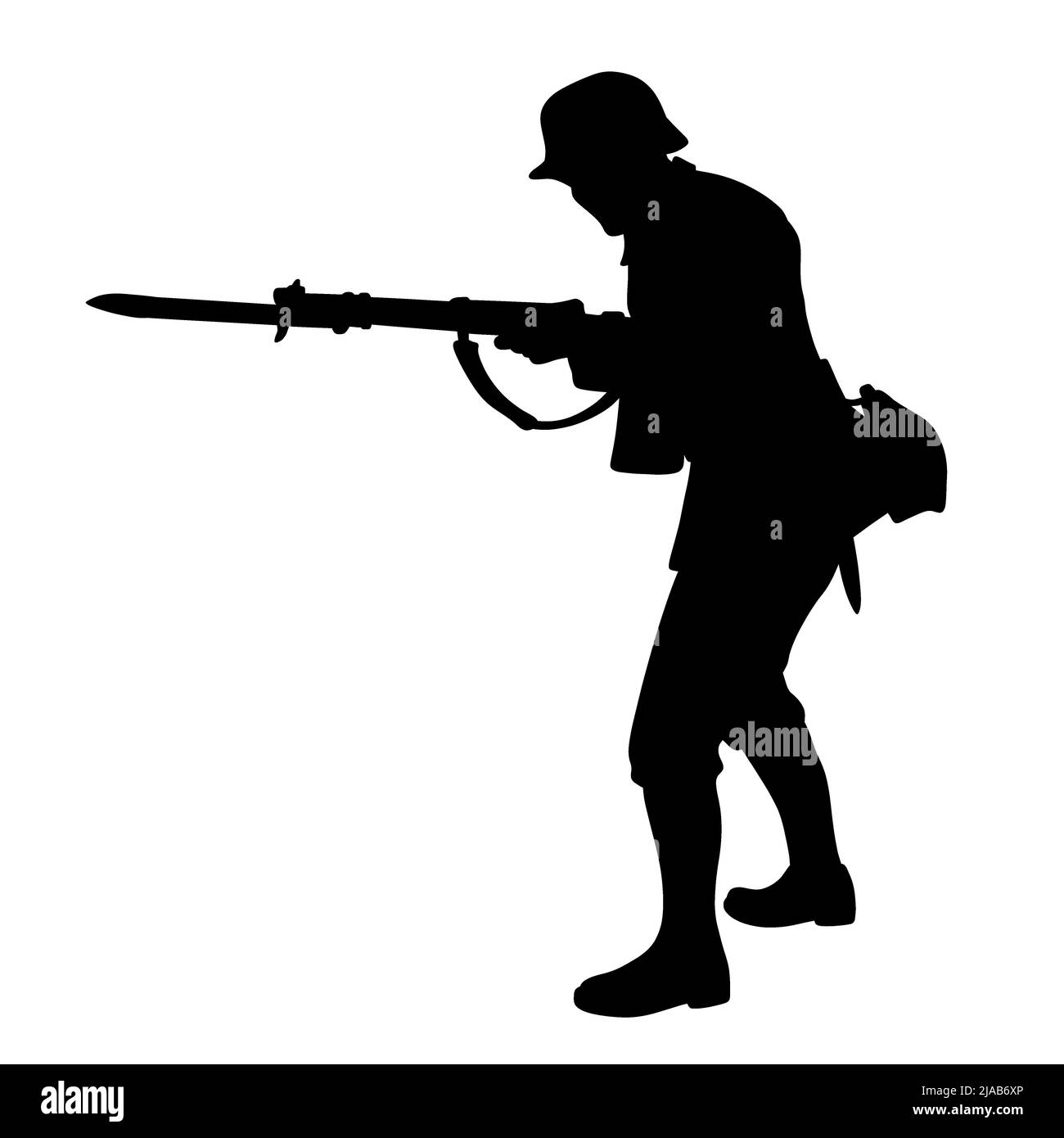 Schwarz-weiße Silhouette eines deutschen Soldaten. Truppen aus dem 2. Weltkrieg. Ein Mann in Uniform mit Gewehr und Bajonett Stockfoto