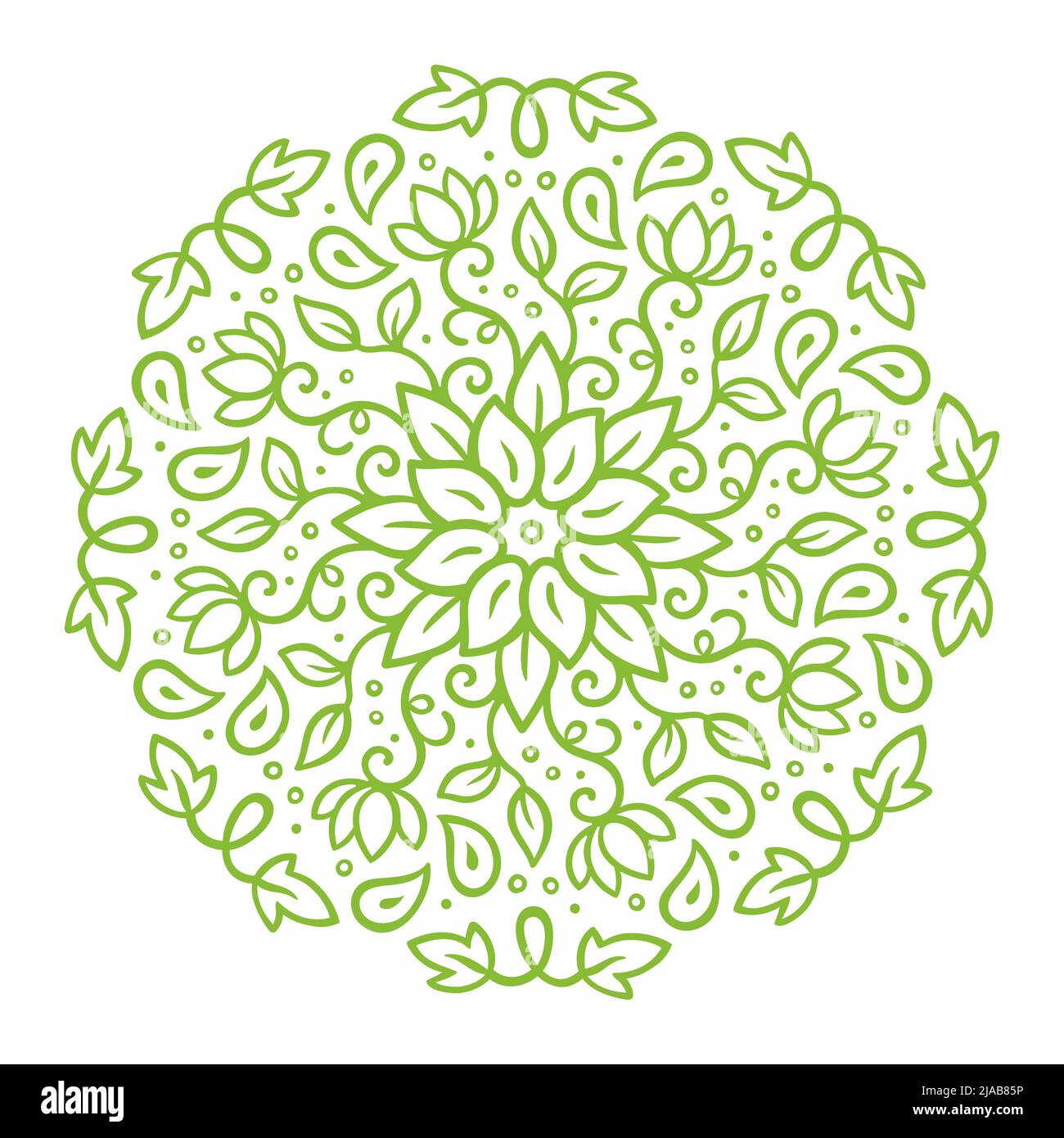 Grün floral Mandala Stil Kreis Ornament, schöne Spitzen Doodle-Muster mit Blättern und Blumen. Isolierte Vektordarstellung. Stock Vektor