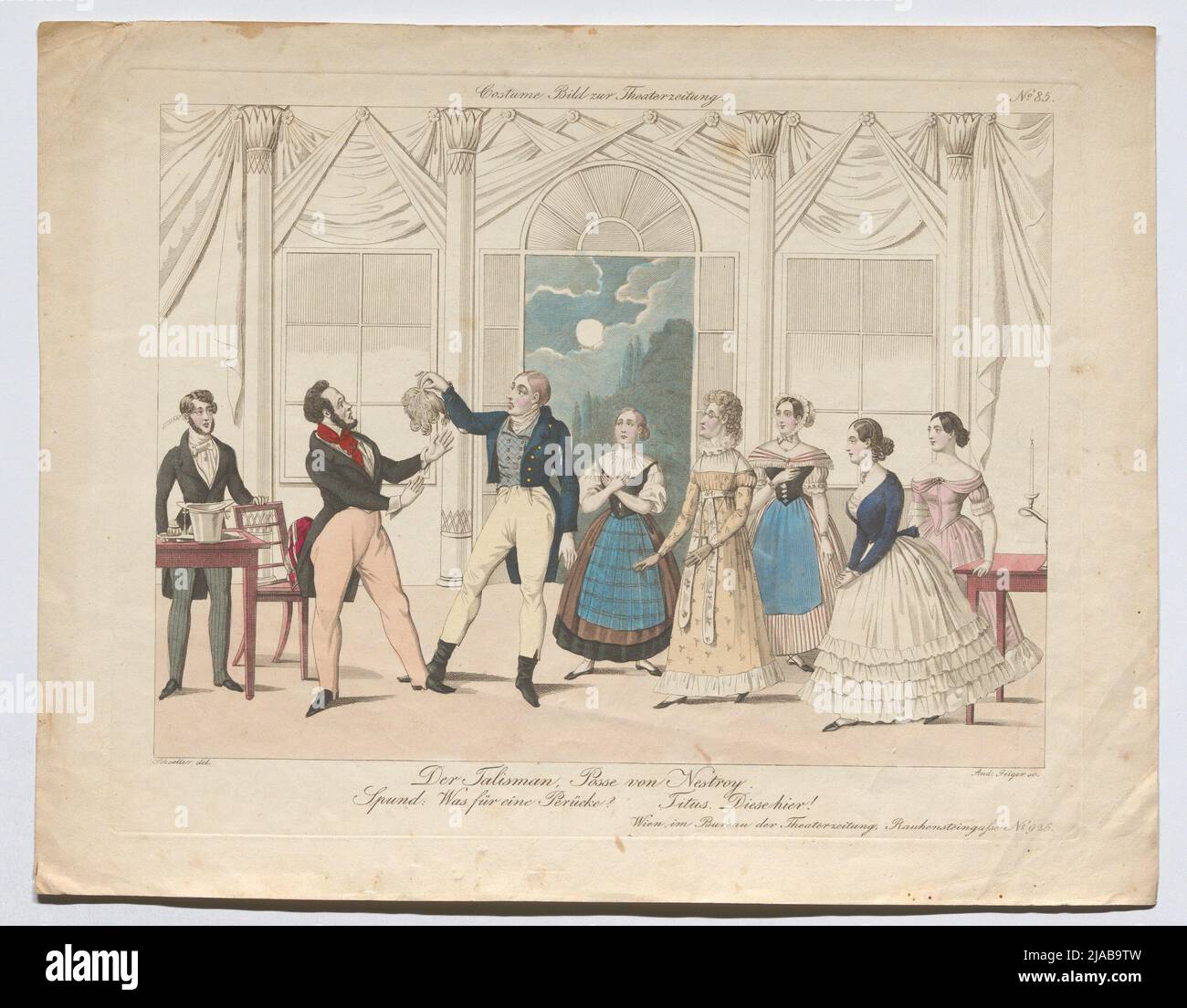 „Der Talisman“. Posse aus Nestroy; Carl Carl als Schenkung, Johann Nestroy als Titus Feuerfuchs und andere. (Costümbild Nr. 85 für die Theaterzeitung). Andreas Geiger (1765-1856), Kupferstecher, nach: Johann Christian Schoeller (1782-1851), Künstler Stockfoto