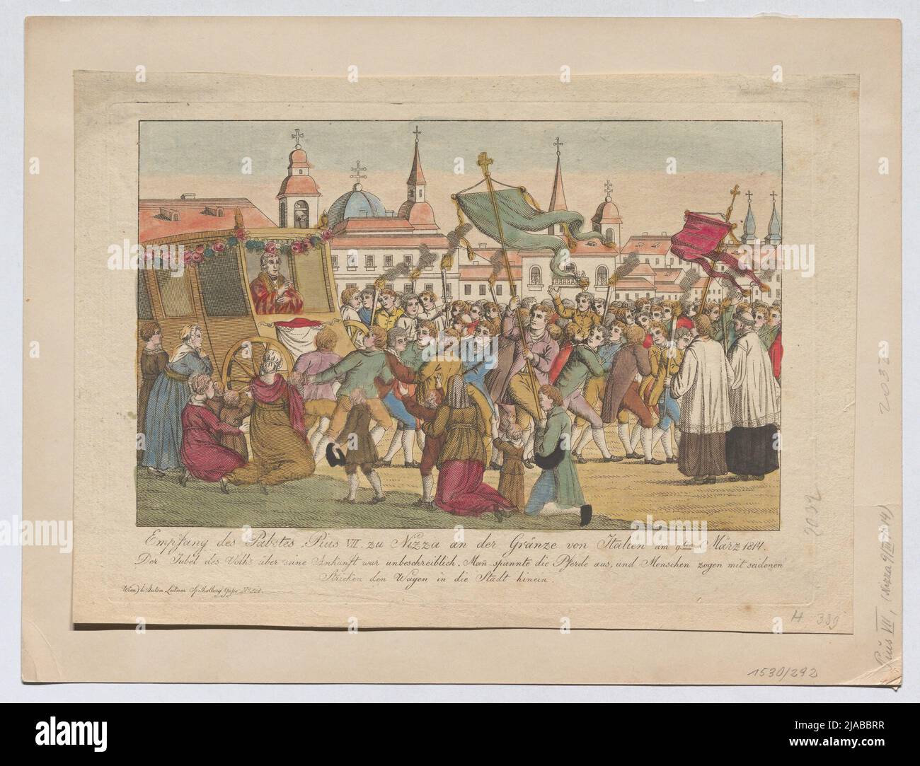 'Empfang der Pabstes (!) Pius VII Nach Nizza an der Grenze zu Italien am 9. März 1814 / der Volksjubel über seine Ankunft war unbeschreiblich ...'. Empfang von Papst Pius VII. In Nizza am 9. März 1814. Anton Leitner (1784-1856), Verleger Stockfoto