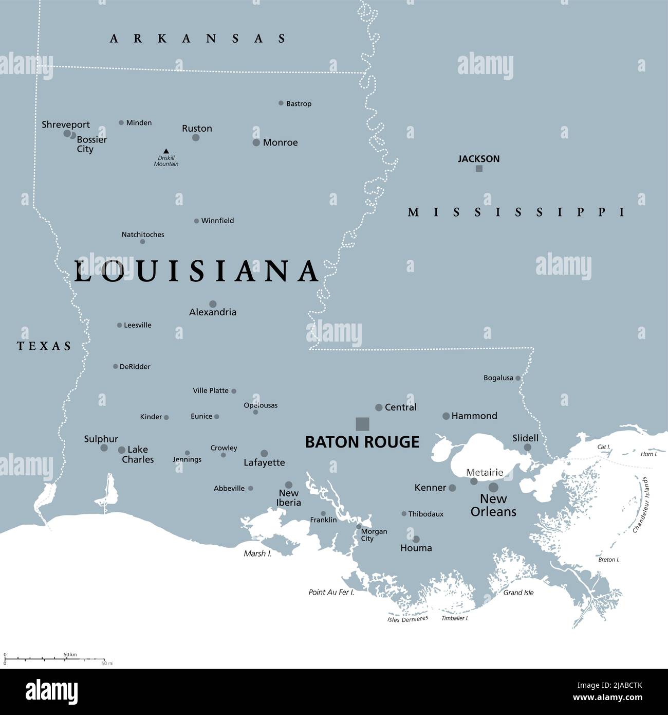 Louisiana, LA, graue politische Landkarte mit der Hauptstadt Baton Rouge und dem Stadtgebiet New Orleans. Staat in den Regionen Deep South und South Central der USA. Stockfoto