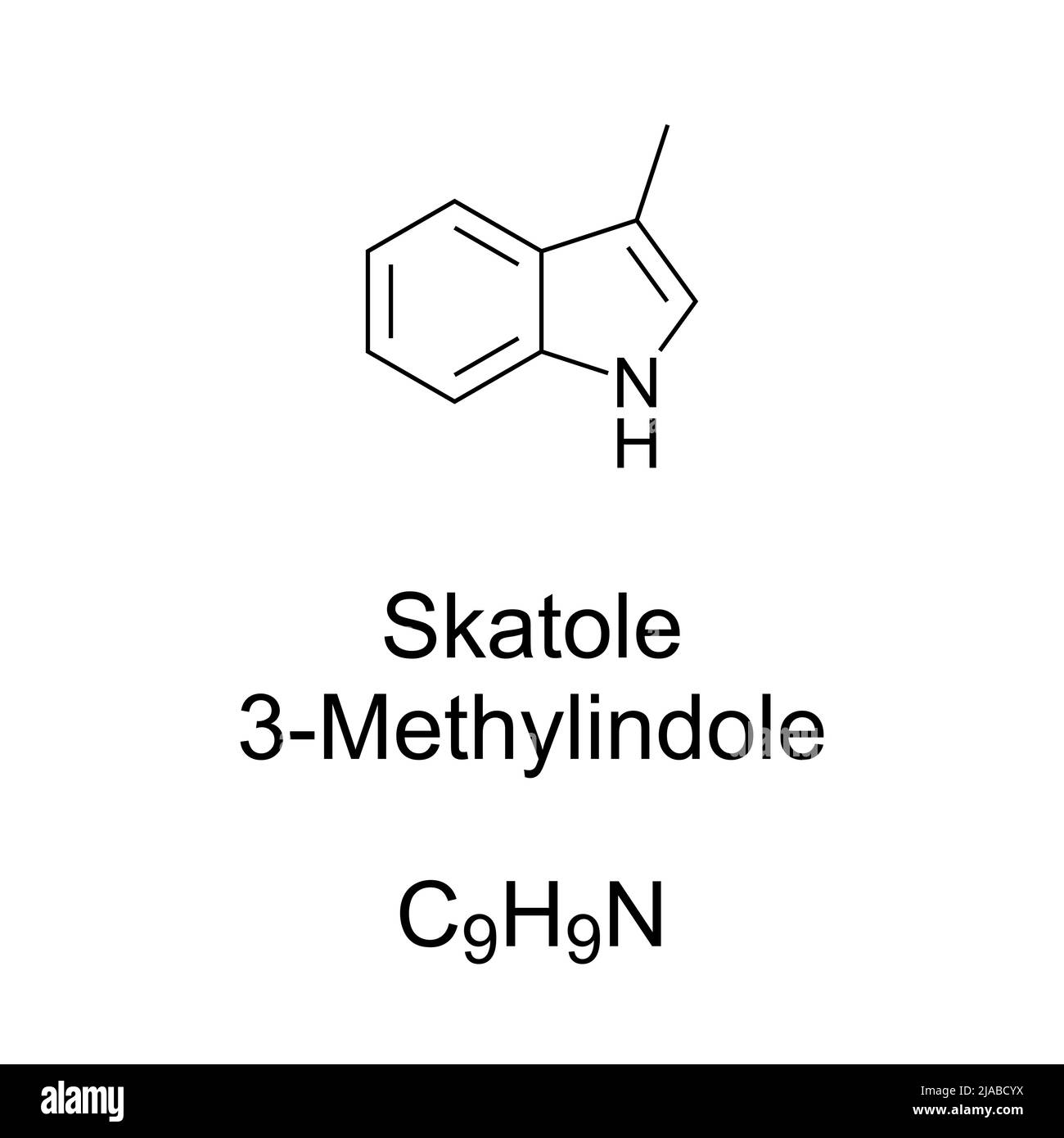 Skatole, 3-Methylindol, chemische Formel und Struktur. Organische Verbindung, kommt natürlich in Fäkalien von Säugetieren und Vögeln vor. Beitrag zum Stuhlgeruch. Stockfoto