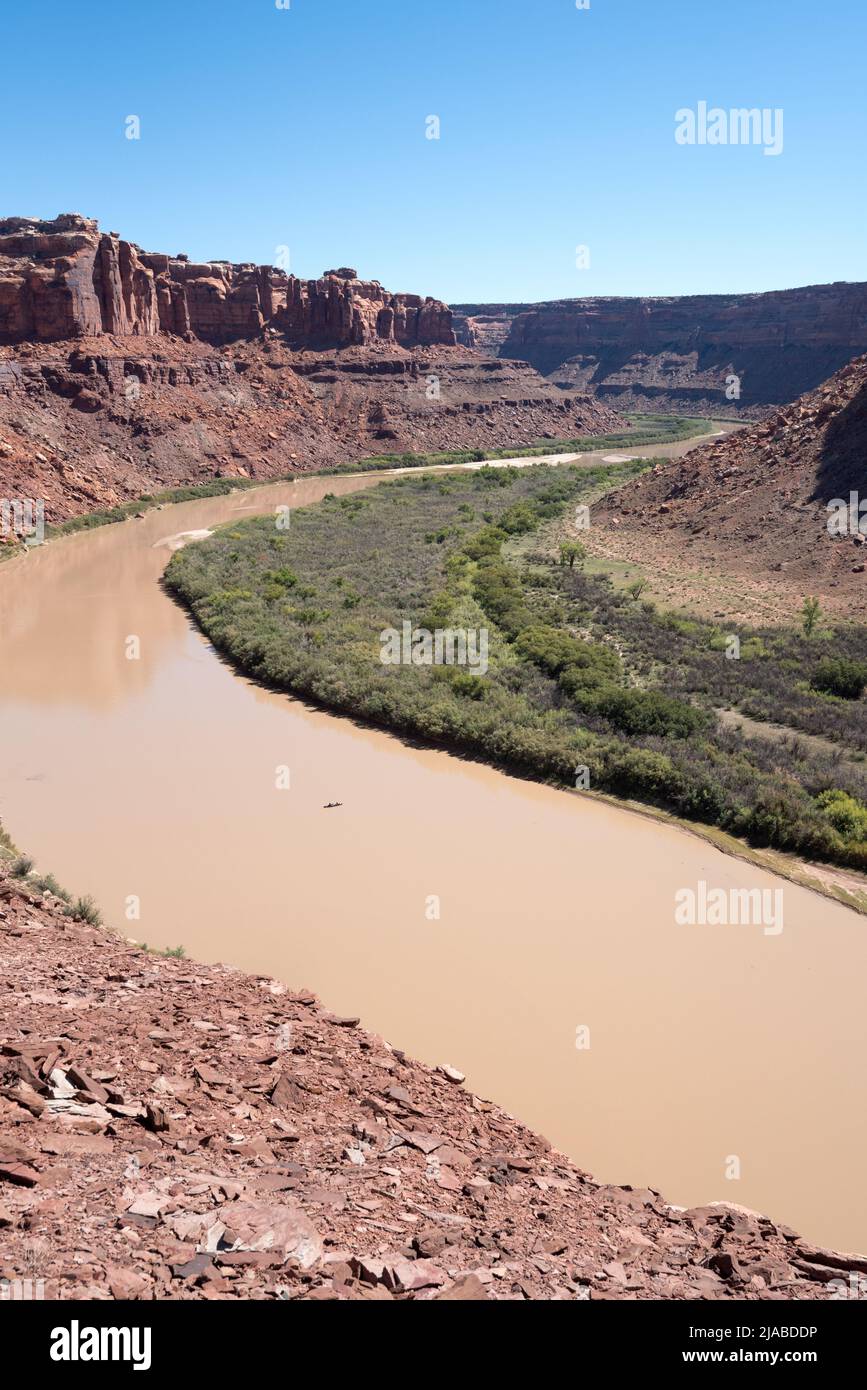 Kanufahren auf dem Green River im Labyrinth Canyon, Utah. Stockfoto