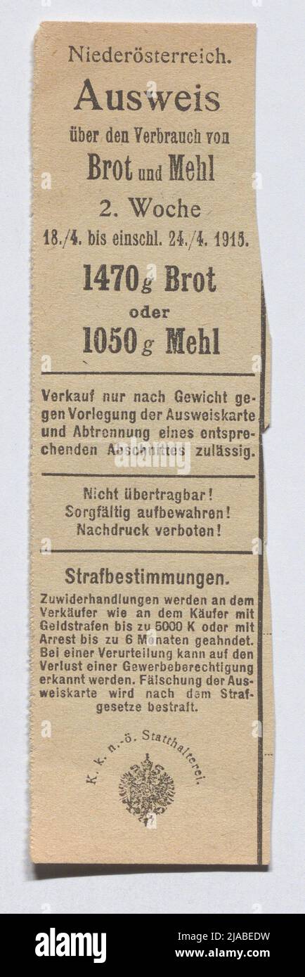 Lebensmittelmarken für Brot oder Mehl aus dem Ersten Weltkrieg, 1915. Unbekannt Stockfoto