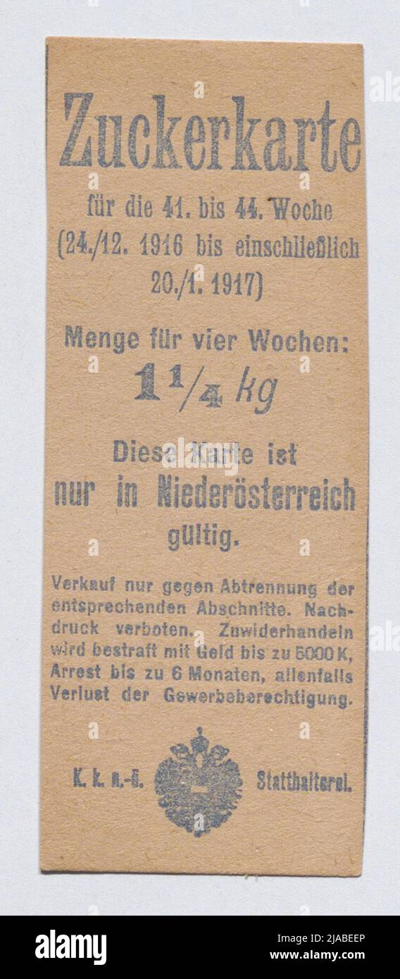 Lebensmittelmarken für Zucker aus dem Ersten Weltkrieg, 1916. Unbekannt Stockfoto