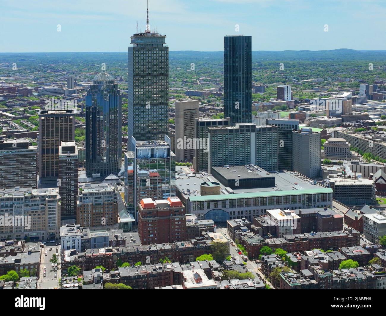 Boston Back Bay Moderne Skyline mit Prudential Tower und Four Season Hotel in One Dalton Street in Boston, Massachusetts, USA. Stockfoto