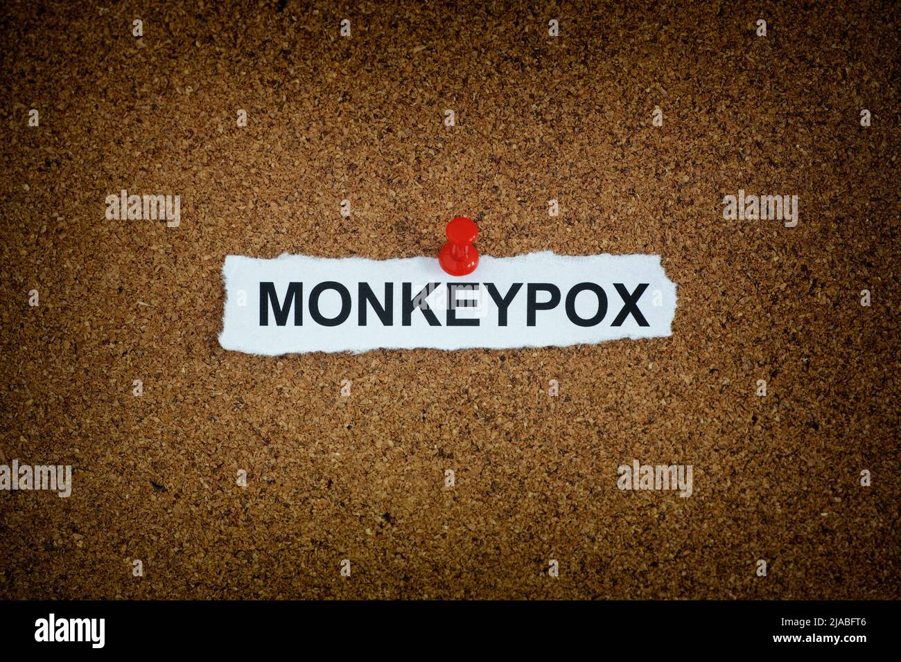 Ein Stück Papier mit dem Wort monkeypox darauf an einem Korkbrett fixiert. Nahaufnahme. Stockfoto
